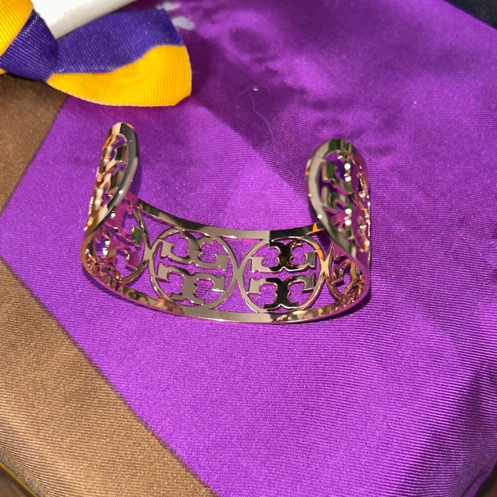 Tory Burch Rose Gold T Logo Wide Open Cuff Bracelet - Picture 6 of 8